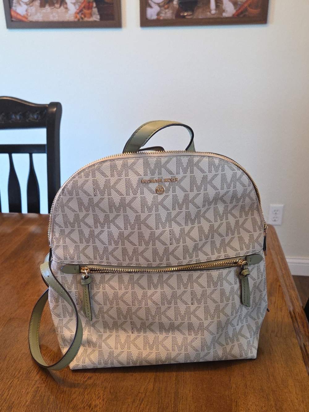 Michael Kors Beige MK Logo Backpack with Olive Trim